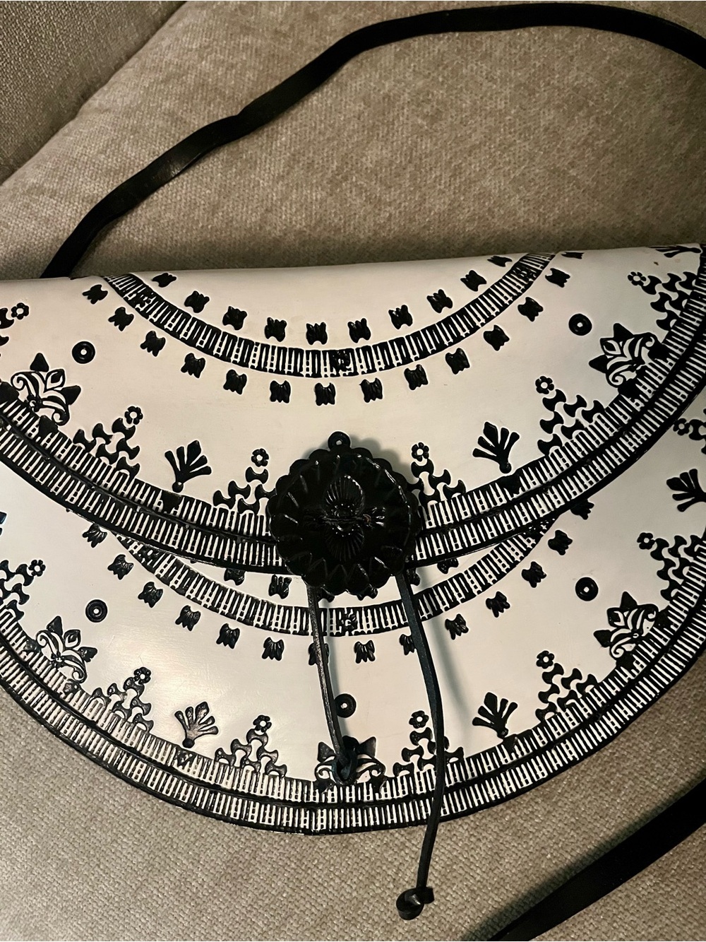 Black & White Hand-Tooled Genuine Leather Half-Moon Crossbody Bag, Argentina